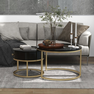 BTM Set of 2 Round Coffee Tables with Drawers, Nesting Tables with Storage, Gold Metal Frame & Marble Pattern Top, for Living Room