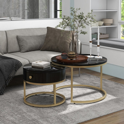 BTM Set of 2 Round Coffee Tables with Drawers, Nesting Tables with Storage, Gold Metal Frame & Marble Pattern Top, for Living Room