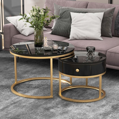 BTM Set of 2 Round Coffee Tables with Drawers, Nesting Tables with Storage, Gold Metal Frame & Marble Pattern Top, for Living Room