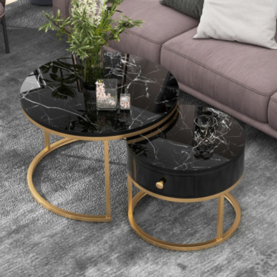 BTM Set of 2 Round Coffee Tables with Drawers, Nesting Tables with Storage, Gold Metal Frame & Marble Pattern Top, for Living Room