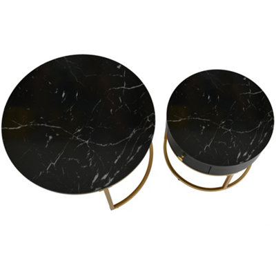 BTM Set of 2 Round Coffee Tables with Drawers, Nesting Tables with Storage, Gold Metal Frame & Marble Pattern Top, for Living Room