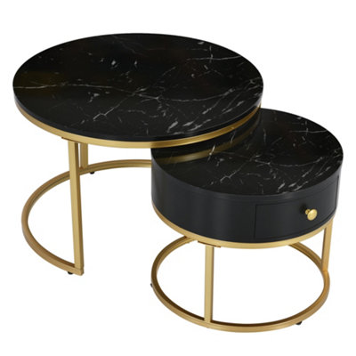 BTM Set of 2 Round Coffee Tables with Drawers, Nesting Tables with Storage, Gold Metal Frame & Marble Pattern Top, for Living Room