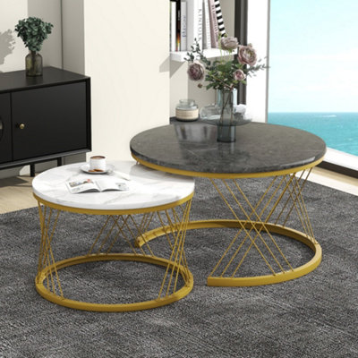 BTM Set of 2 Round Coffee Tables with Marble Pattern Top & Metal Frame ...