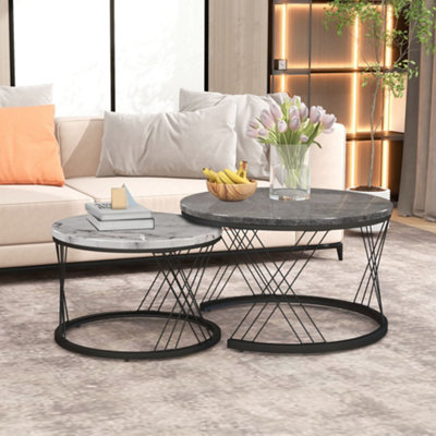 BTM Set of 2 Round Coffee Tables with Marble Pattern Top & Metal Frame, End Table for Living Room, Bedroom, Office, White & Black