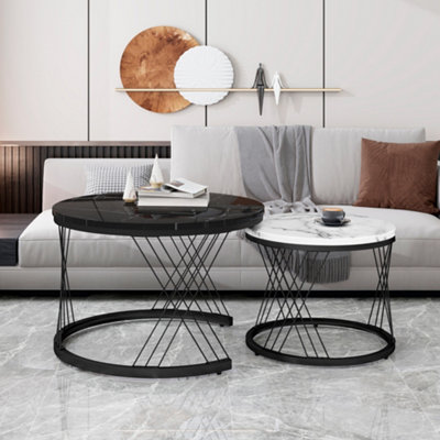BTM Set of 2 Round Coffee Tables with Marble Pattern Top Metal Frame, Small End Tables for Living Room/Bedroom, White Black