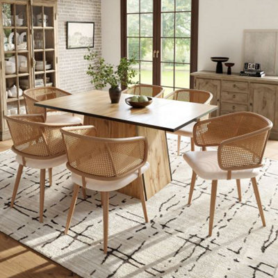 BTM Set of Beige Dining Chairs with Rattan Back and PU Leather