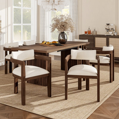 BTM Set of 6 Solid Wood Dining Chairs, Linen Upholstery, Walnut, for ...