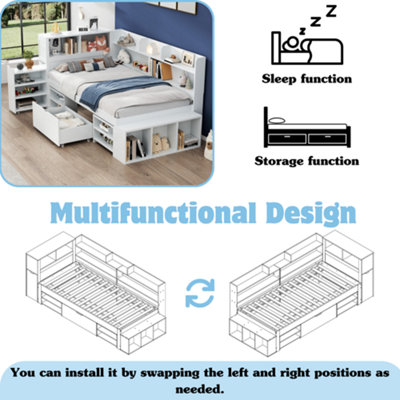 BTM Single Bed 3ft 90x190cm White with Drawers Bookcase Storage ...