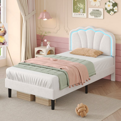 BTM Single Upholstered Bed LED Shell Headboard Velvet Frame Wood Slat ...