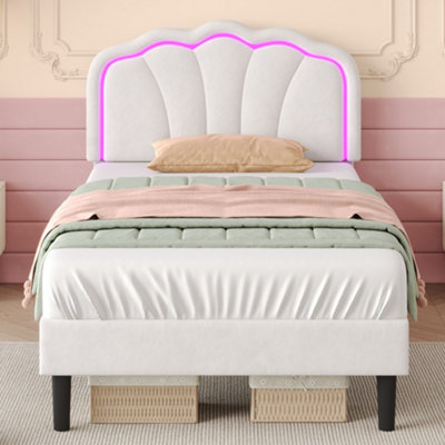 BTM Single Upholstered Bed LED Shell Headboard Velvet Frame Wood Slat ...