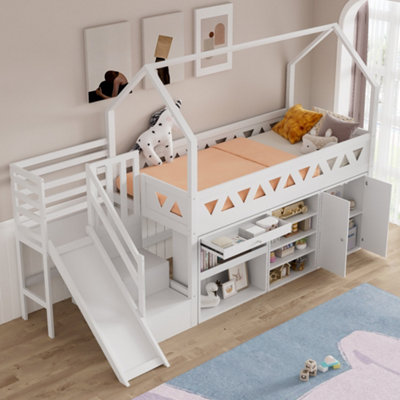 BTM Single Wooden Bed with Slide and Stairs White 90x190cm with Storage ...