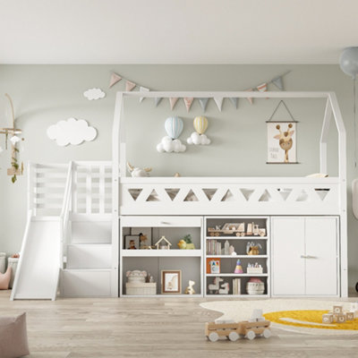 BTM Single Wooden Bed with Slide and Stairs White 90x190cm with Storage ...