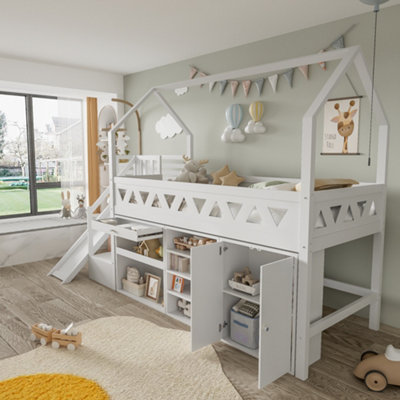 BTM Single Wooden Bed with Slide and Stairs White 90x190cm with Storage ...