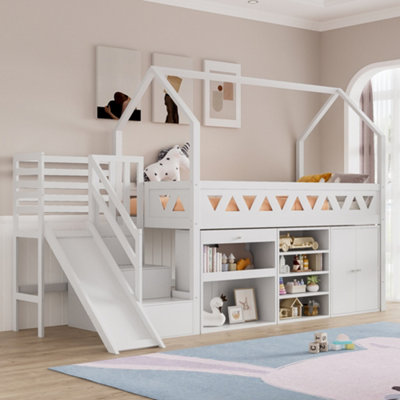 BTM Single Wooden Bed with Slide and Stairs White 90x190cm with Storage ...
