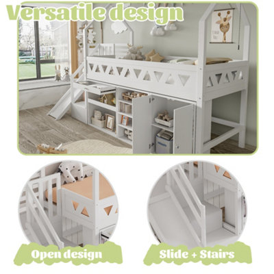 BTM Single Wooden Bed with Slide and Stairs White 90x190cm with Storage ...