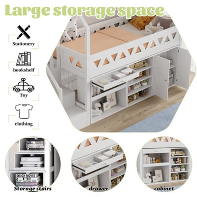 BTM Single Wooden Bed with Slide and Stairs White 90x190cm with Storage ...