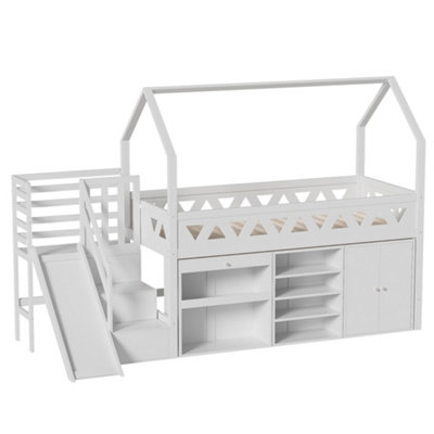 BTM Single Wooden Bed with Slide and Stairs White 90x190cm with Storage ...