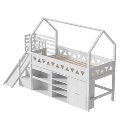 BTM Single Wooden Bed with Slide and Stairs White 90x190cm with Storage ...