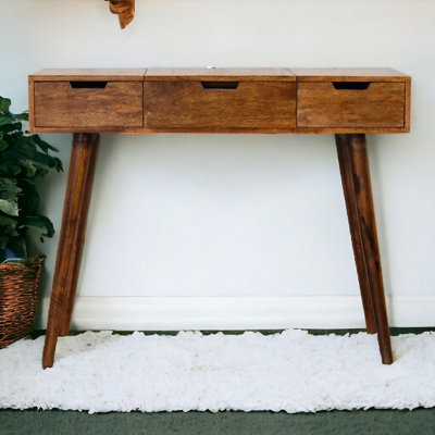 BTM Solid Wood Chestnut Foldable Mirror Table, 2 Drawers, 4 Storage ...
