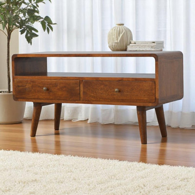 BTM Solid Wood Curved Chestnut Media Unit, 2 Drawers, 1 Open Slot, Dark ...