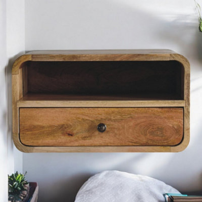 BTM Solid Wood Large Oak-ish Curve Floating Bedside, 1 Drawer and Open ...