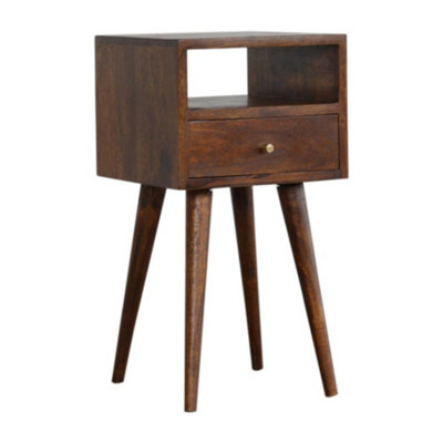 BTM Solid Wood Mini Chestnut Bedside, 1 Drawer and Open Shelf, Dark Brown