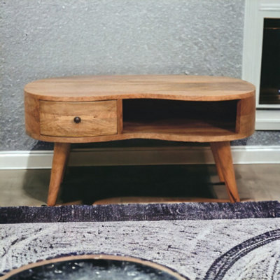 BTM Solid Wood Oak-ish Wave Coffee Table, 1 Drawer and Open Slot, Beige