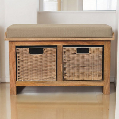 BTM Solid Wood Rattan Basket Linen Bench, 2 Pull-out Storage Baskets ...