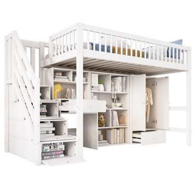 BTM Study Bed with Desk and Stairs White 90x190cm Single Wooden Frame ...