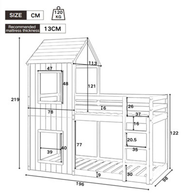 BTM Treehouse Bunk Bed 3ft 90x190cm White Mid Sleeper Cabin Style with ...