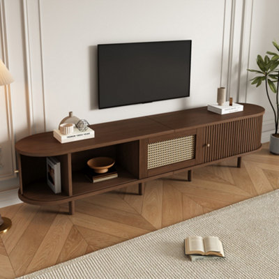 BTM TV Stand with 1 Rattan Drawer 2 Sliding Doors, Oval TV Cabinet with ...