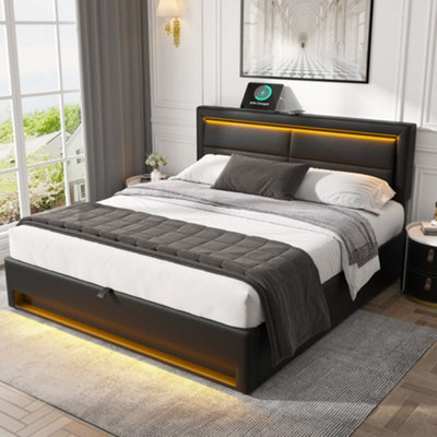 BTM Upholstered 135x190 cm Double Bed, USB Port (Wireless Wired), LED ...