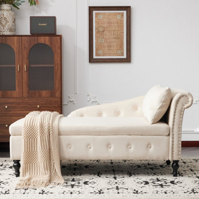 BTM Velvet Chaise Lounge Sofa with Storage Beige Upholstered Couch with ...