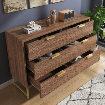 茶櫃　牡丹　　新品未使用 BTM Walnut Embossed Sideboard with 6 Drawers, Anti-Tip, for Living