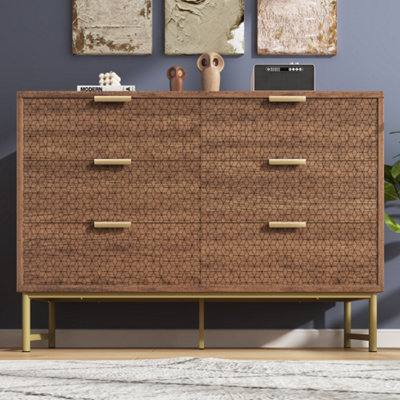 BTM Walnut Embossed Sideboard with 6 Drawers, Anti-Tip, for Living
