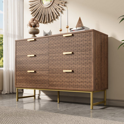 BTM Walnut Embossed Sideboard with 6 Drawers, Anti-Tip, for Living