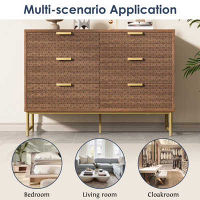 BTM Walnut Embossed Sideboard with 6 Drawers, Anti-Tip, for Living