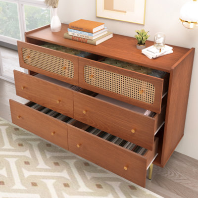 BTM Walnut Rattan Sideboard Cabinet, 6 Drawer Chest for Living