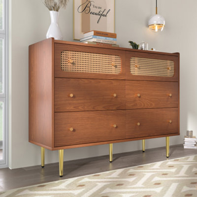 BTM Walnut Rattan Sideboard Cabinet, 6 Drawer Chest for Living