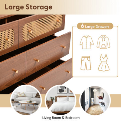 BTM Walnut Rattan Sideboard Cabinet, 6 Drawer Chest for Living