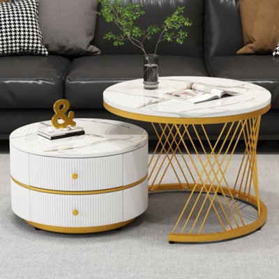 BTM White & Black Round Nesting Coffee Table Set with Marble Top & Storage Drawers, High Gloss End Tables for Living Room