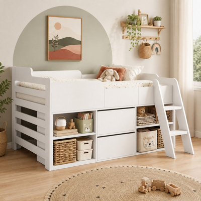 BTM White Cabin Bed 3ft Single Kids Mid Sleeper with Drawers & Shelf ...