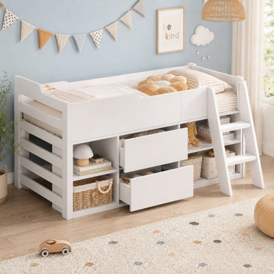BTM White Cabin Bed 3ft Single Kids Mid Sleeper with Drawers & Shelf ...