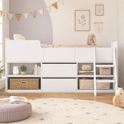 BTM White Cabin Bed 3ft Single Kids Mid Sleeper with Drawers & Shelf ...
