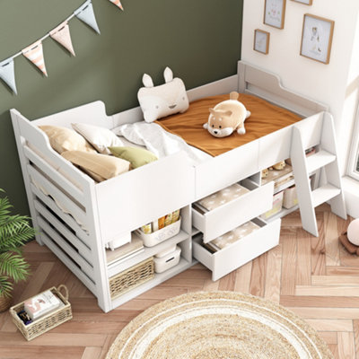 BTM White Cabin Bed 3ft Single Kids Mid Sleeper with Drawers & Shelf ...