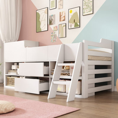 BTM White Cabin Bed 3ft Single Kids Mid Sleeper with Drawers & Shelf ...