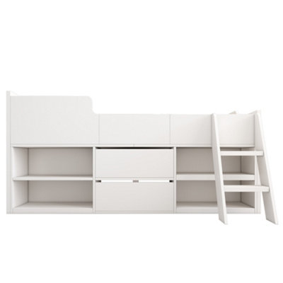 BTM White Cabin Bed 3ft Single Kids Mid Sleeper with Drawers & Shelf ...