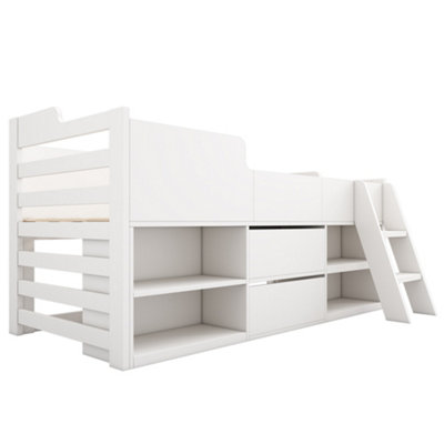 BTM White Cabin Bed 3ft Single Kids Mid Sleeper with Drawers & Shelf ...