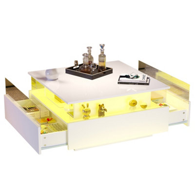 BTM White LED Coffee Table with 2 Sliding Drawers & Acrylic Glass, Square Storage Tea Table for Living Room