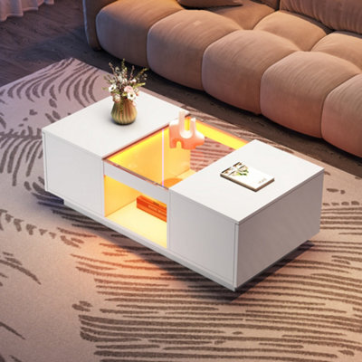 BTM White LED Coffee Table with Storage, 2 Tiers & 2 Drawers, Modern Center Table for Large Living Room